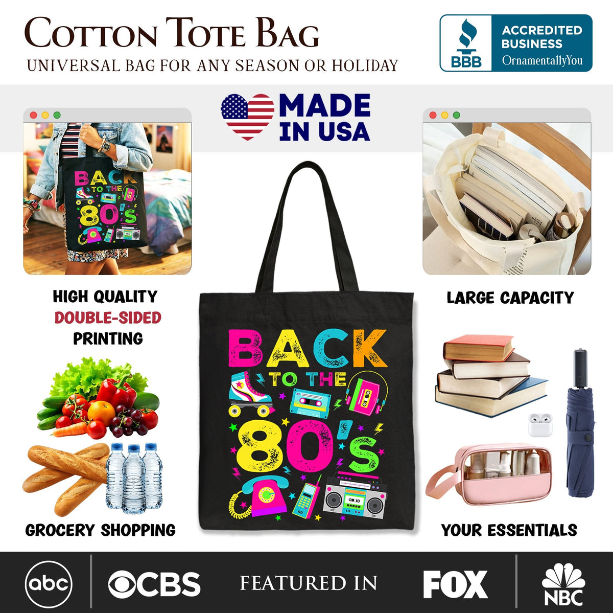 Back To The 80s Tote Bag, Colorful Retro Eighties Party Gift Shopper
