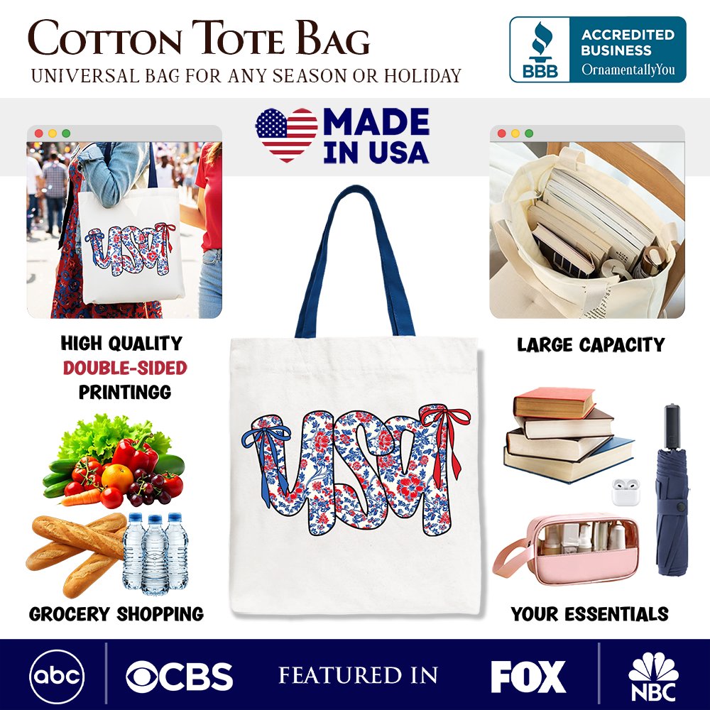 Floral USA Patriotic Canvas Tote Bag, 4th of July Gift Shopper for Stylish Women