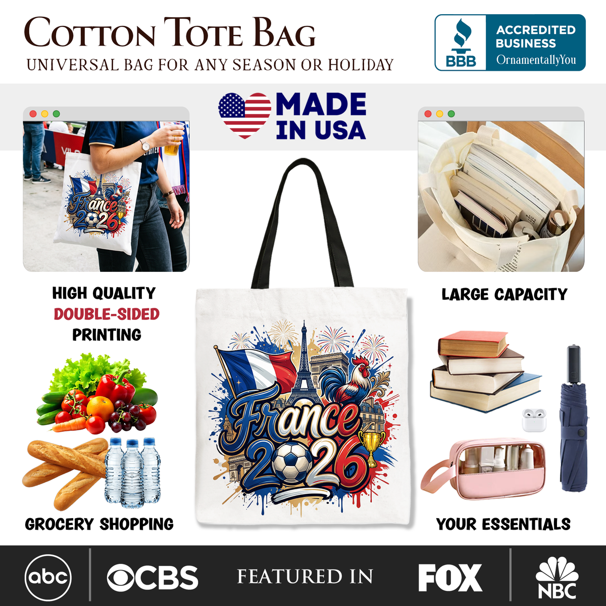France 2026 Soccer Cup Global Championship Tote Bag, Fans Football Gift Shopper