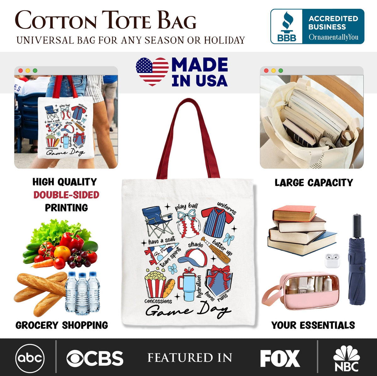 Game Day Baseball Tote Bag, Gift Shopper for Sports Fans