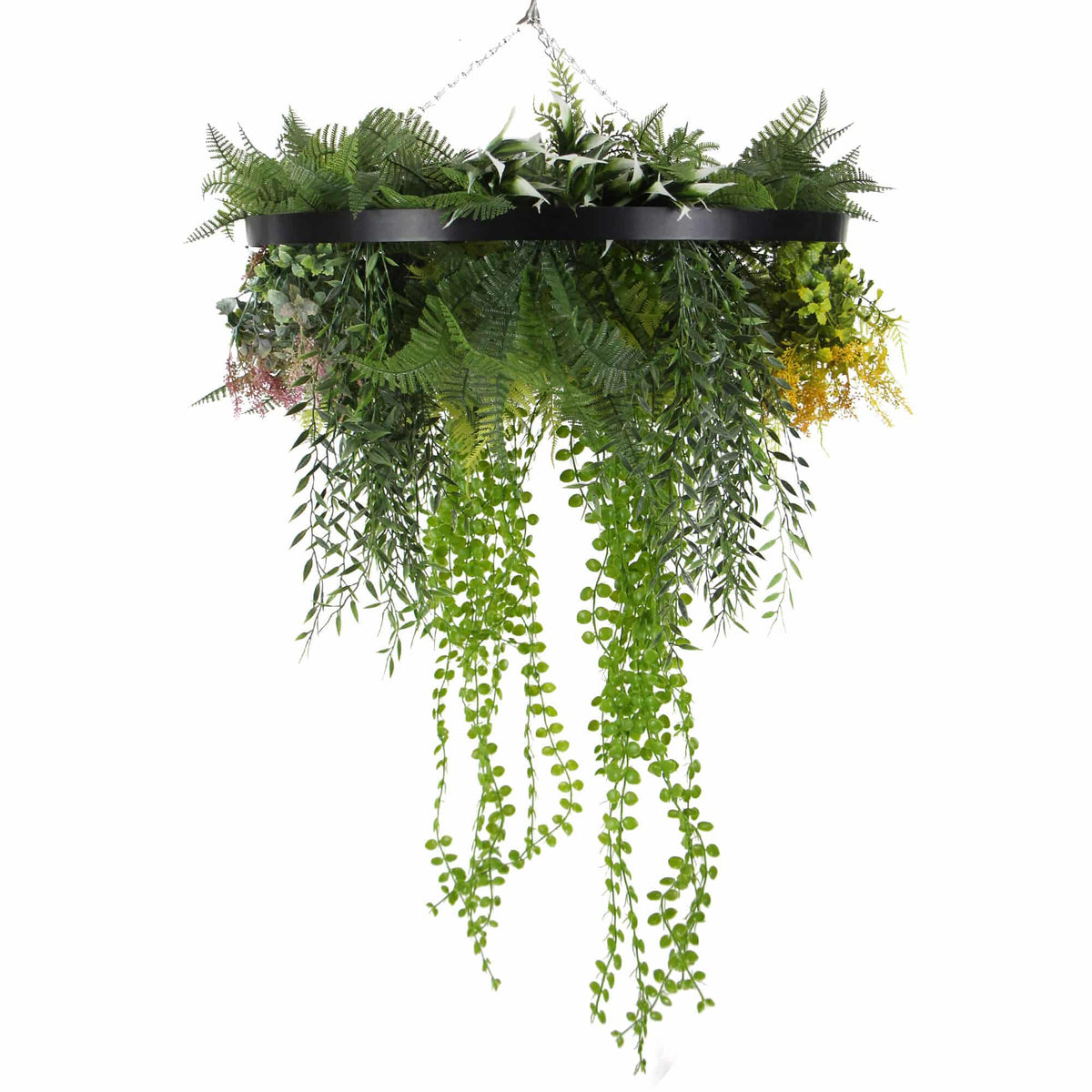 Draping Plant Arrangement Artificial Roof Hanging Disc 24in – Black Frame – UV Resistant