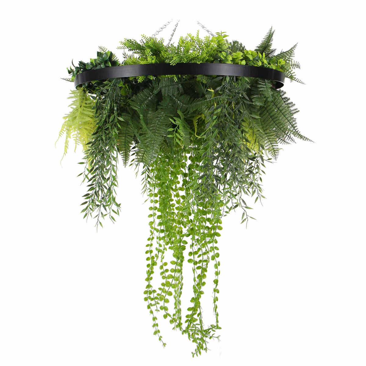 Draping Plant Arrangement Artificial Roof Hanging Disc 24in – Black Frame – UV Resistant