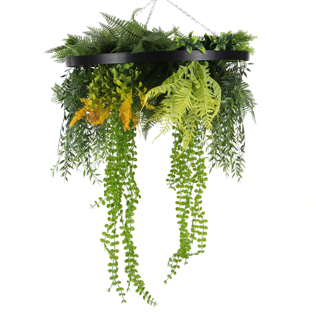 Draping Plant Arrangement Artificial Roof Hanging Disc 24in – Black Frame – UV Resistant