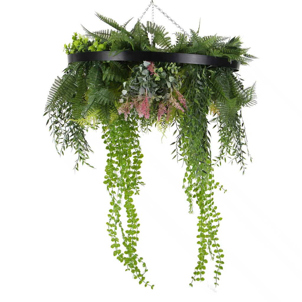 Draping Plant Arrangement Artificial Roof Hanging Disc 24in – Black Frame – UV Resistant