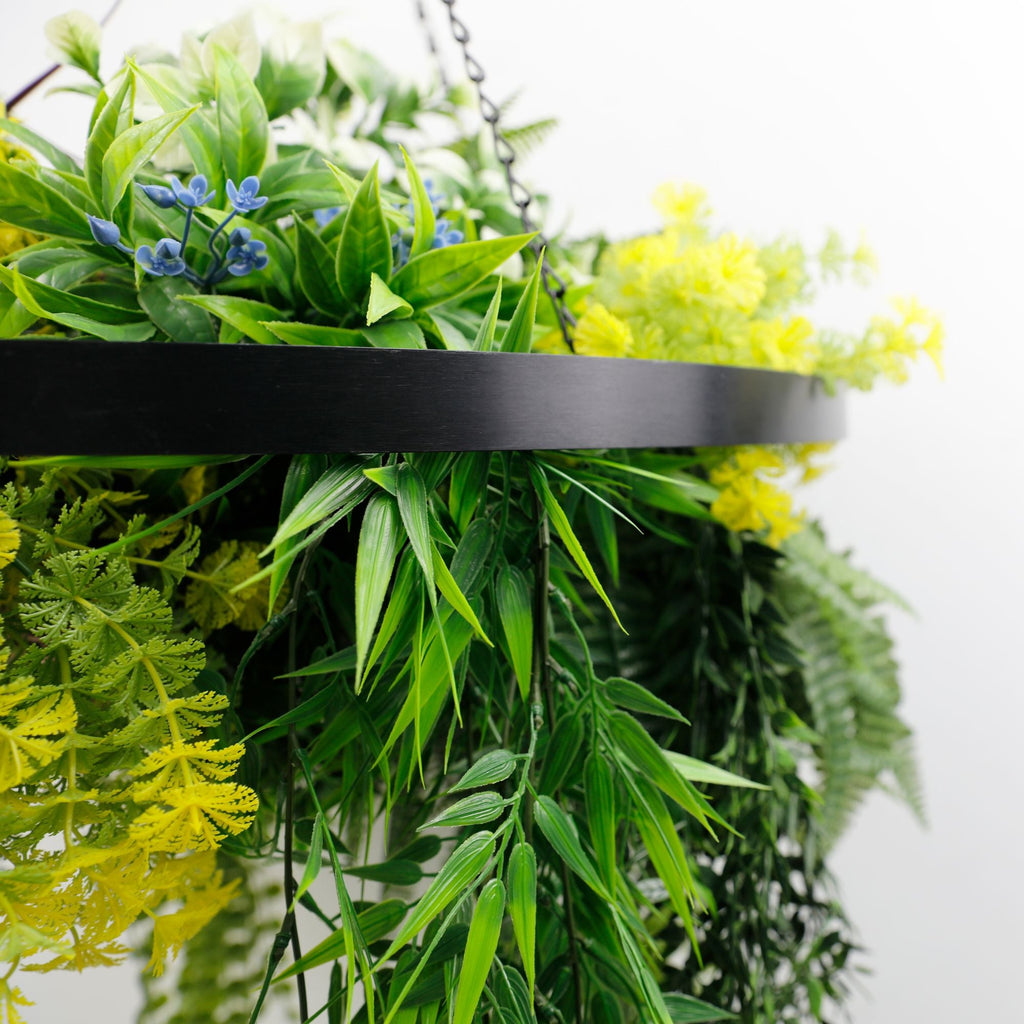 Artificial Hanging Plant Chandelier – Tropical Foliage Circular Ring (24.8in long) Black Frame – UV Resistant