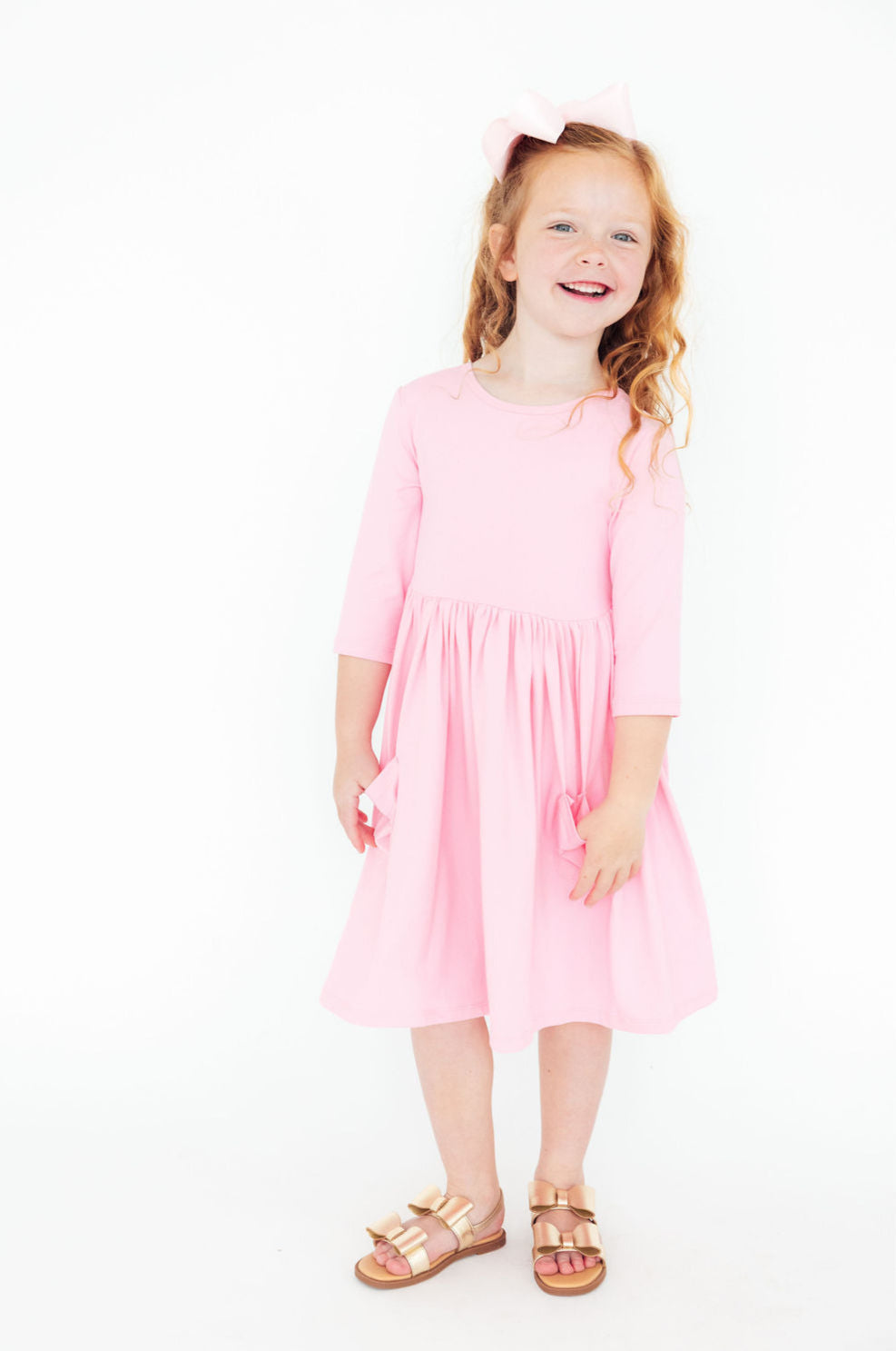Bubblegum Pink 3/4 Sleeve Pocket Twirl Dress