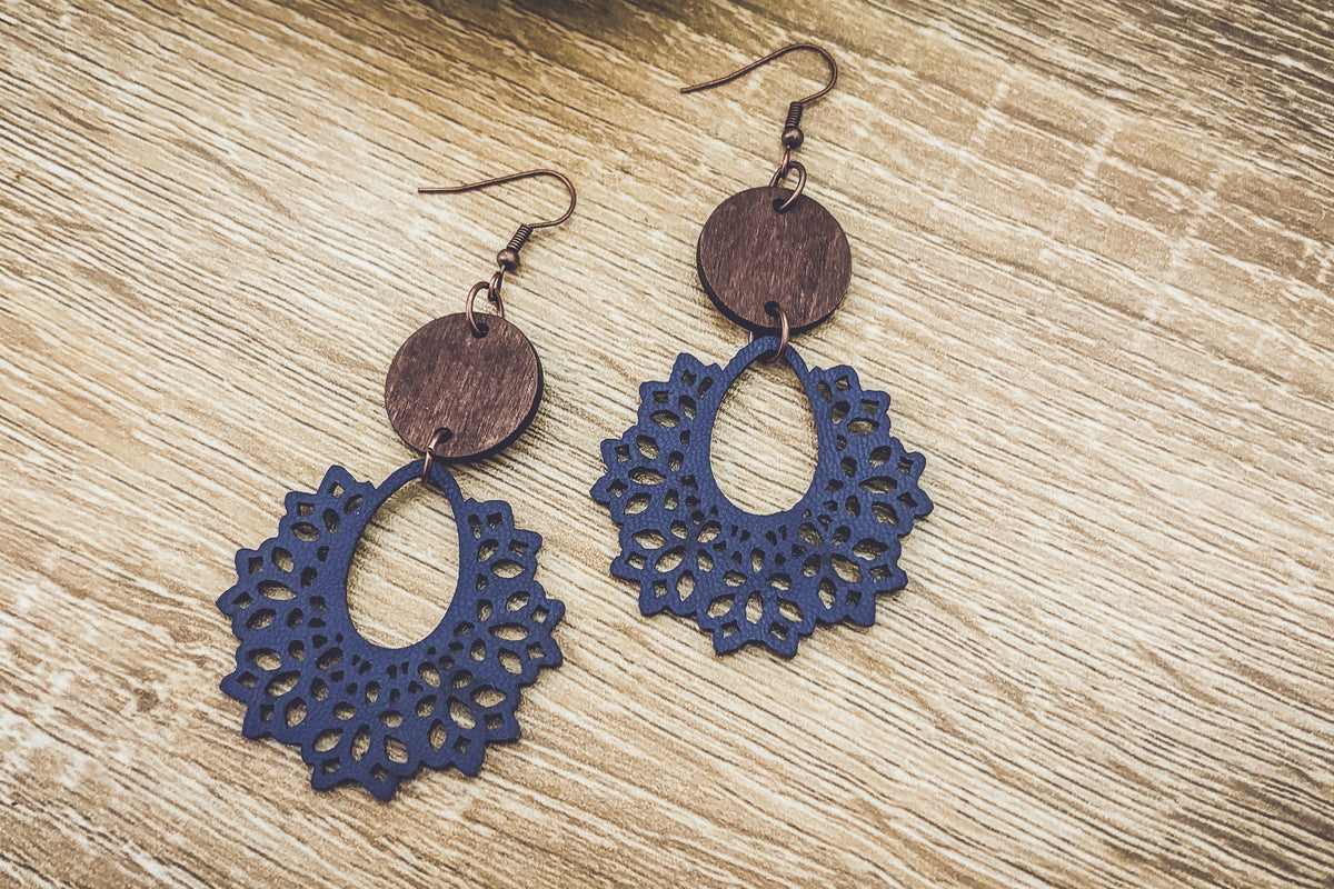 Beautiful Blue Wood and Leather  Earrings