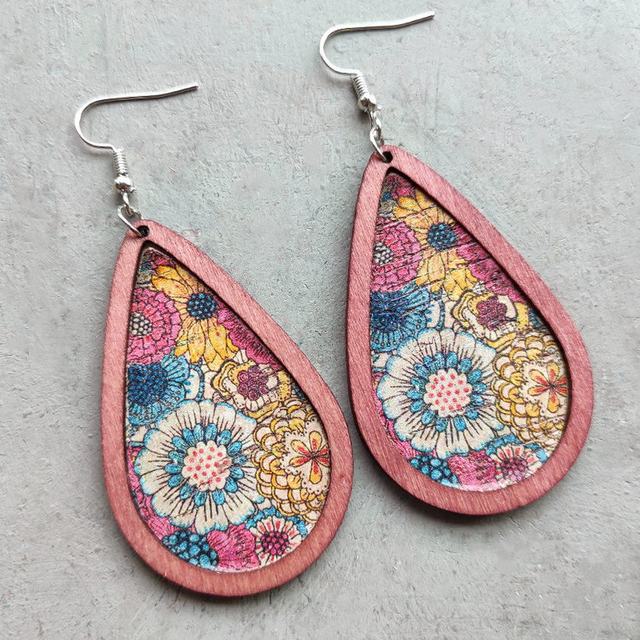 Beautiful Colorful Floral Wood Drop Earrings