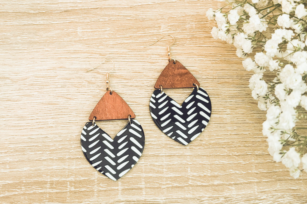 Beautiful Wood and Black and White Geometric Drop Earrings