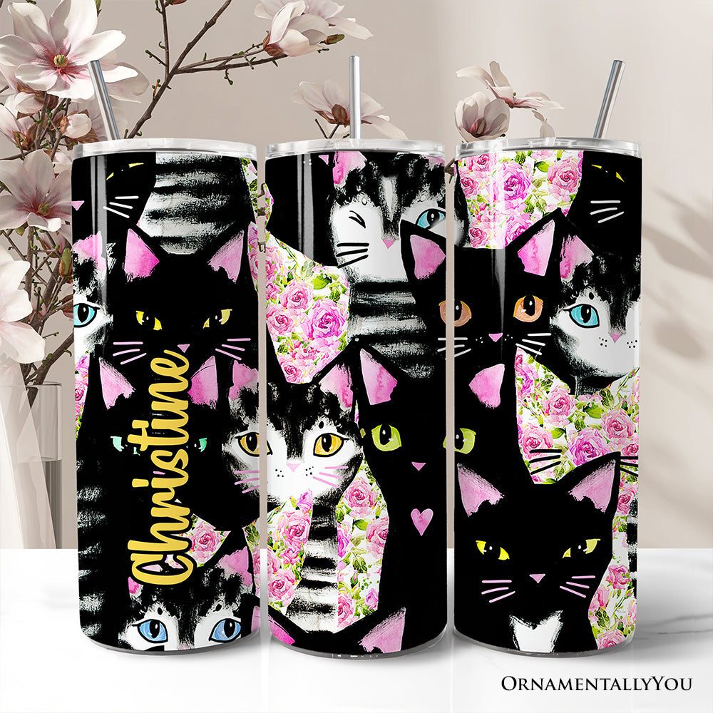 Black Cats Pink Rose Pattern 20oz Personalized Tumbler With Lid and Stainless Steel Straw, Cute Floral Kitty Gift Cup