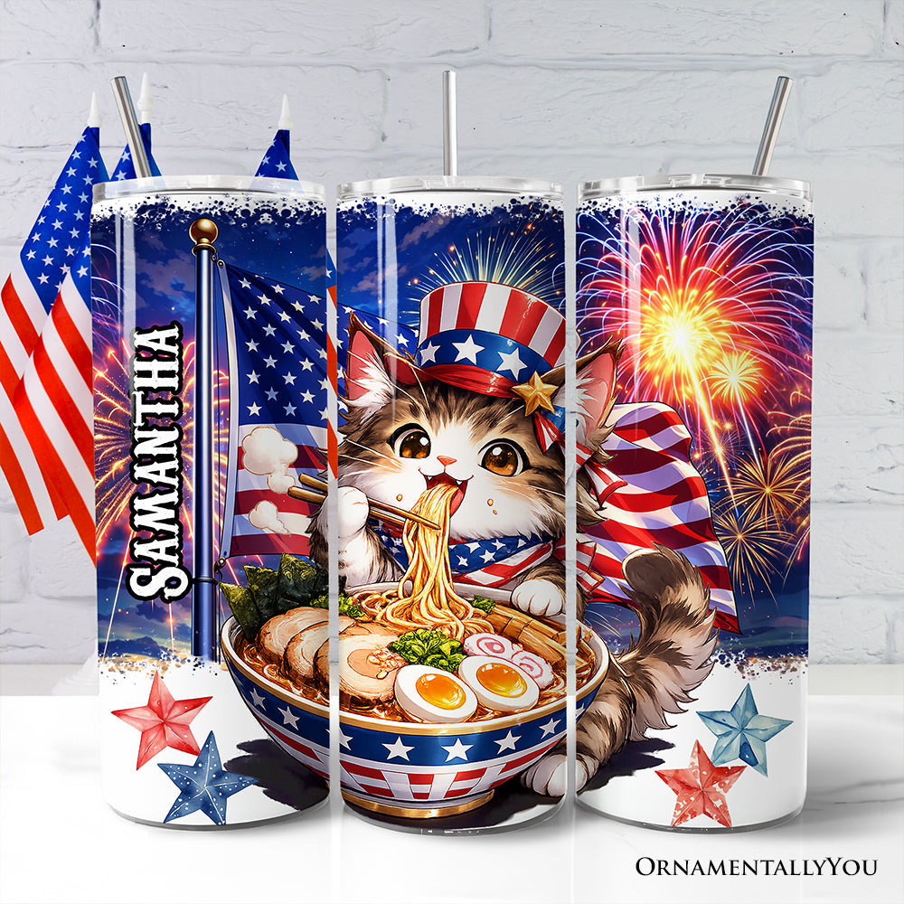 Kawaii Patriotic Ramen Maine Coon Cat 20oz Personalized Tumbler With Lid and Stainless Steel Straw, Japanese Anime Gift Cup
