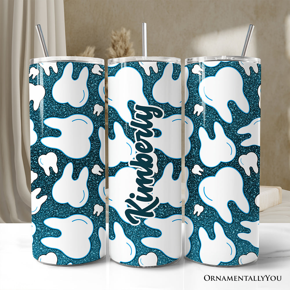 Sparkly Blue Tooth Pattern 20oz Personalized Tumbler With Lid and Stainless Steel Straw, Dental Hygienist Gift Cup