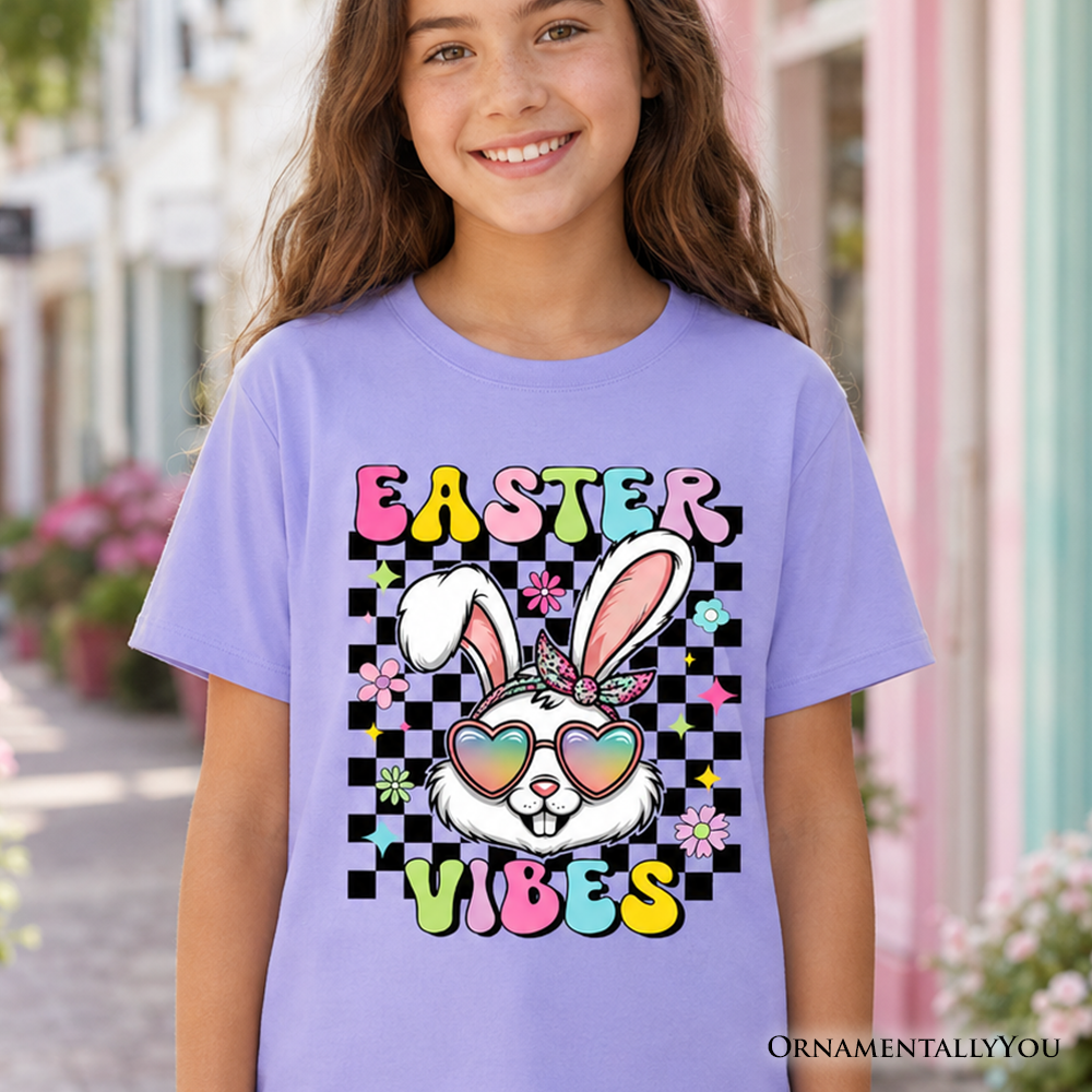Kids Retro Easter Bunny Sunglasses T-Shirt, Groovy Youth Checkered Tee