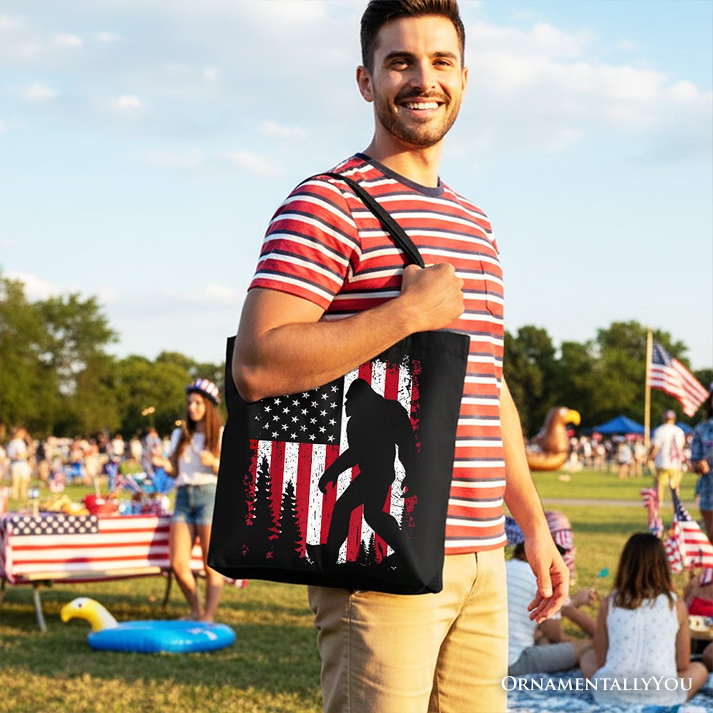 Bigfoot American Flag Canvas Tote Bag, Patriotic Sasquatch Gift Shopper