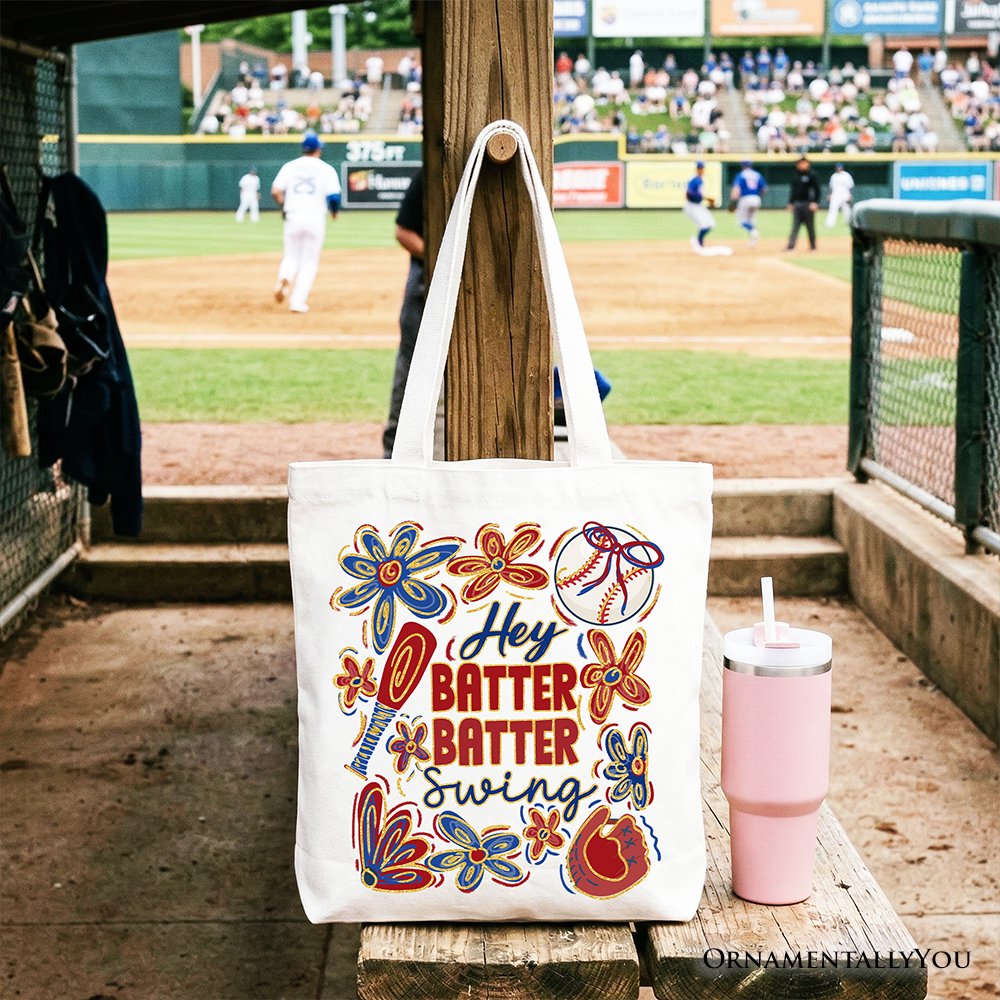 Hey Batter Batter Swing Tote Bag, Retro White and Natural Baseball Gift Shopper