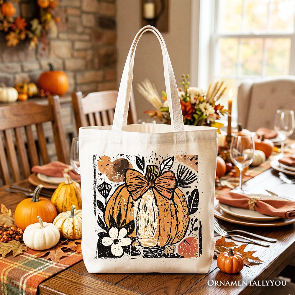 Pumpkin Fall Floral Tote Bag, Thanksgiving Coquette Bow Gift Shopper