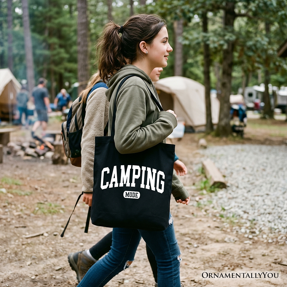 Camping Mode Varsity Tote Bag, Minimalist Outdoors Gift Shopper