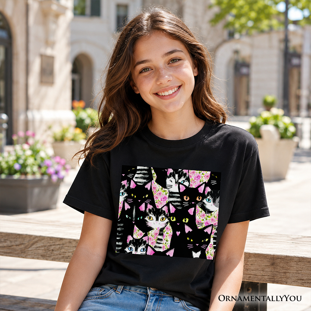 Floral Cat Pattern Kids T-Shirt, Cute Kitten Collage Tee for Youth Girls