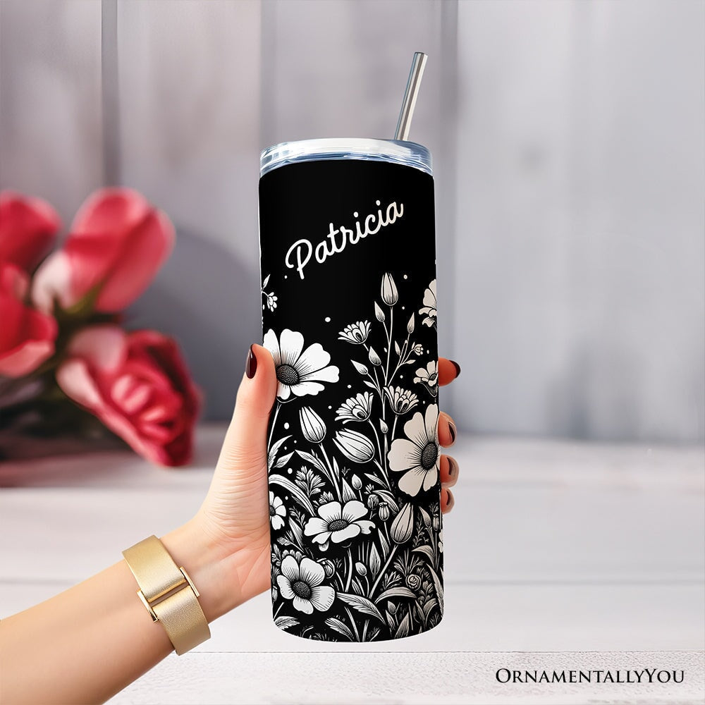 Elegant Wildflower Meadow 20oz Personalized Tumbler With Lid and Stainless Steel Straw, Minimalist Floral Gift Cup