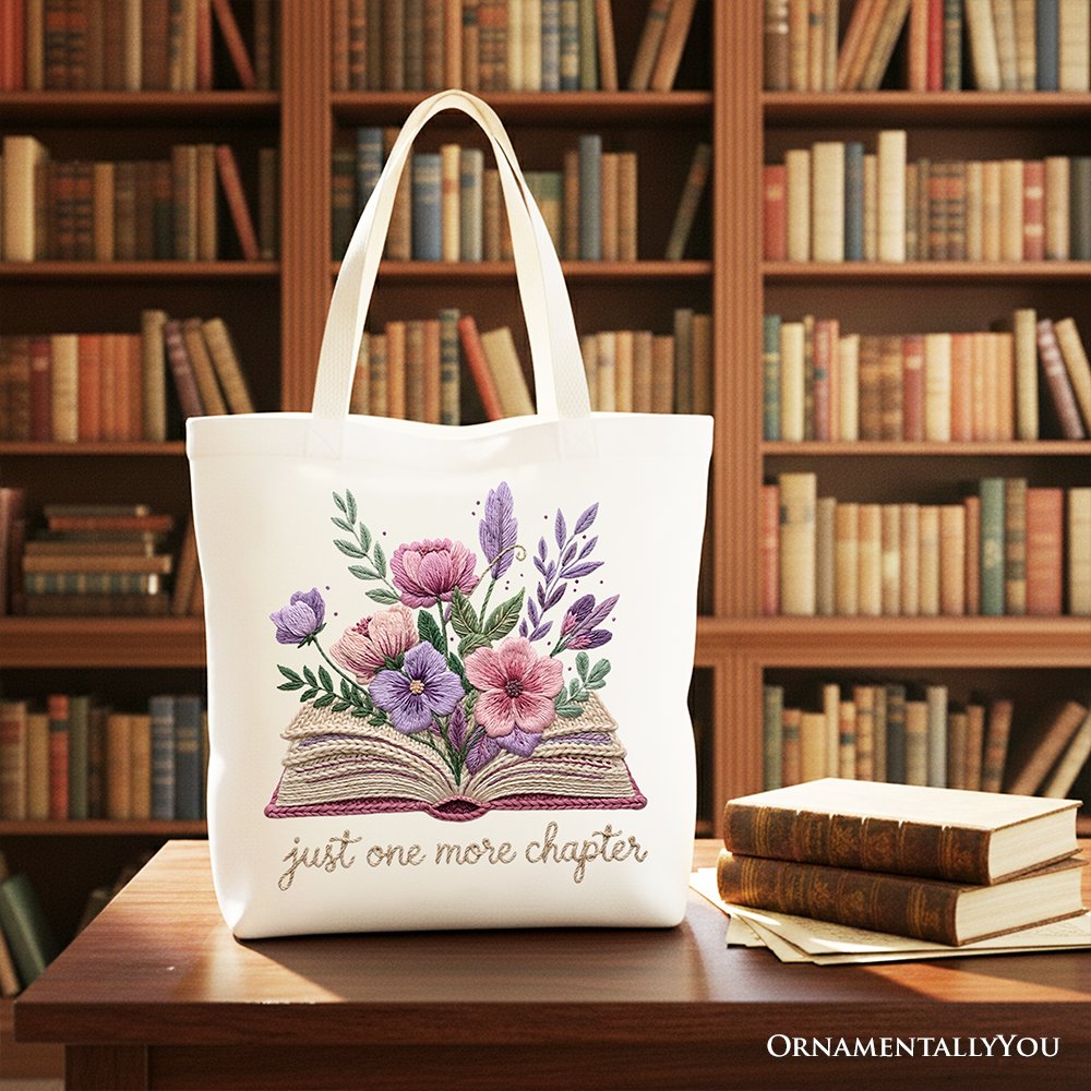 Floral Book Printed Faux Yarn Crochet Tote Bag, Just One More Chapter Bookworm Gift Shopper