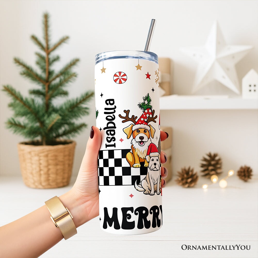 Funny Merry Woofmas 20oz Personalized Tumbler With Lid and Stainless Steel Straw, Dogs With Santa Hats Christmas Gift Cup