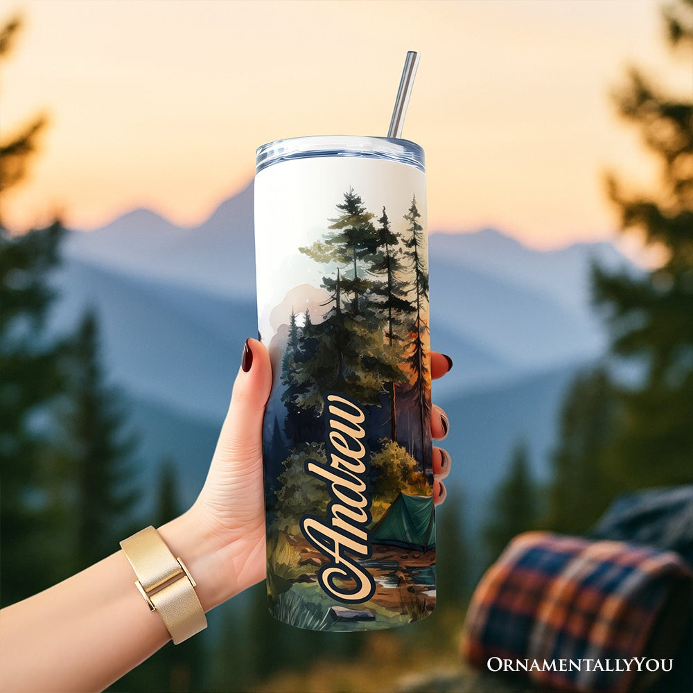 Get Out and Explore 20oz Personalized Tumbler With Lid and Stainless Steel Straw, Forest Camping Adventure Gift Cup