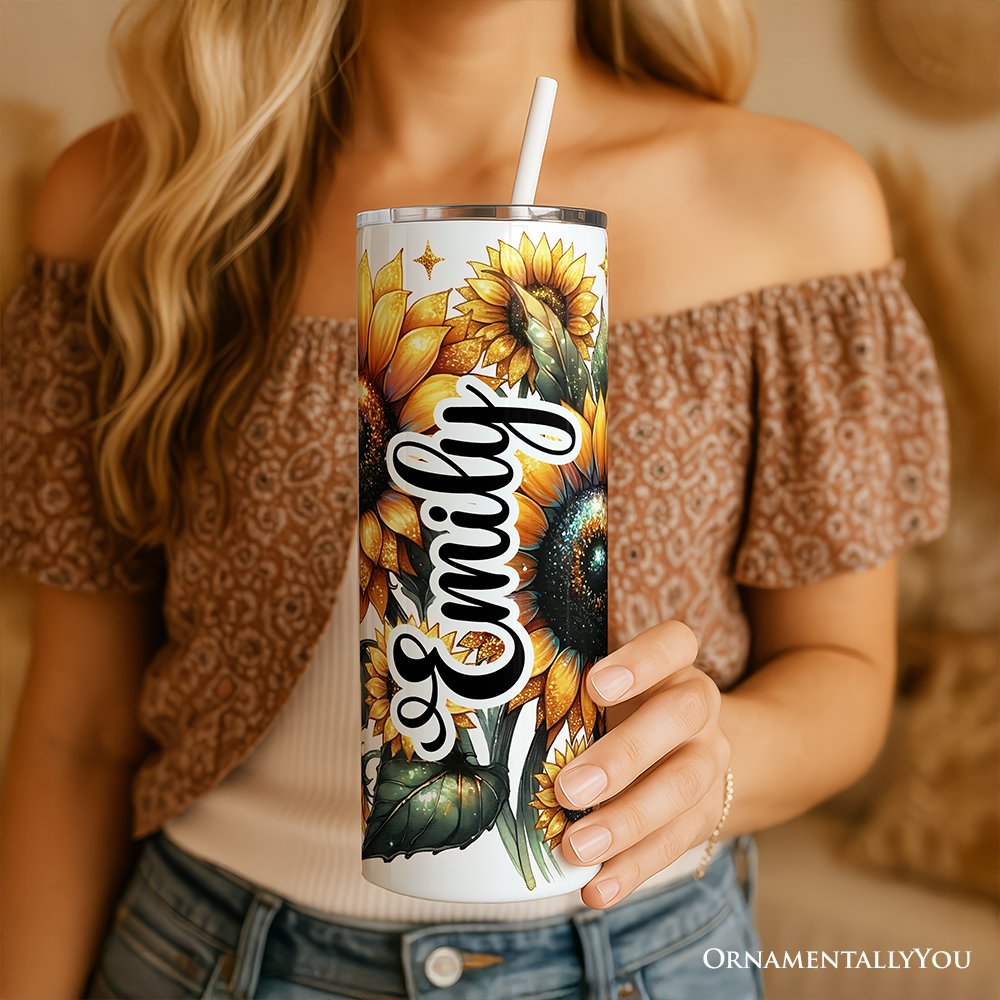 Glittered Sunflower Pattern 20oz Personalized Tumbler With Lid and Stainless Steel Straw, Yellow Summer Flowers Travel Mug Gift
