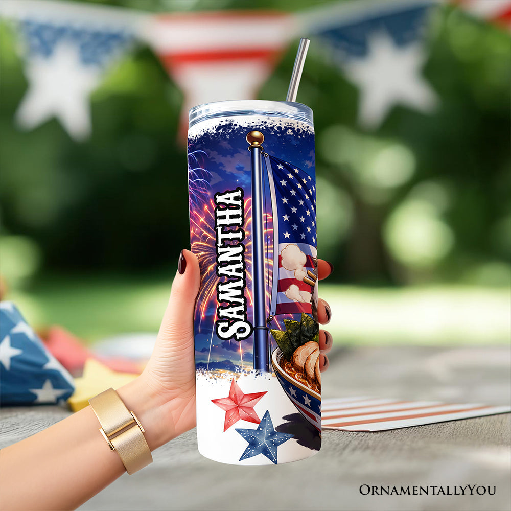 Kawaii Patriotic Ramen Maine Coon Cat 20oz Personalized Tumbler With Lid and Stainless Steel Straw, Japanese Anime Gift Cup