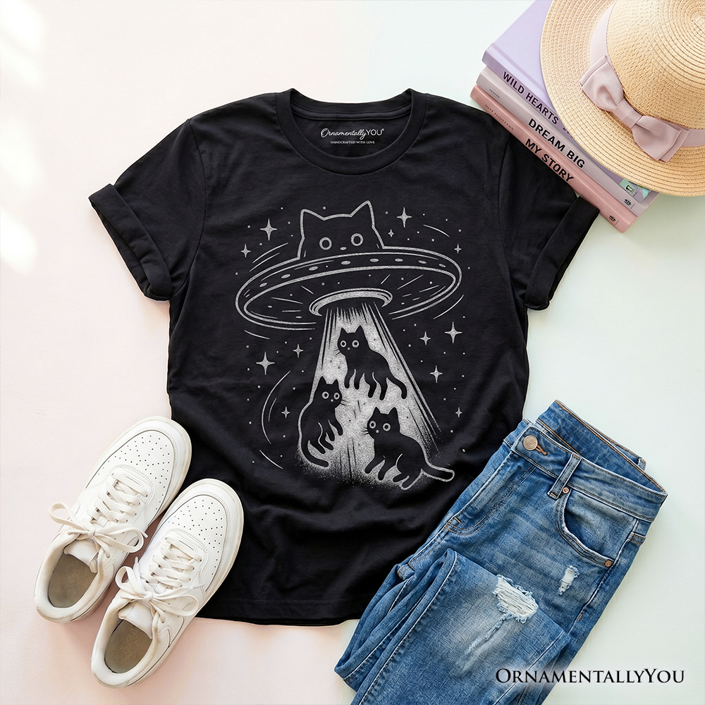Kids Alien Cat Abduction T-Shirt, Funny Youth UFO Space Cats Cosmic Tee