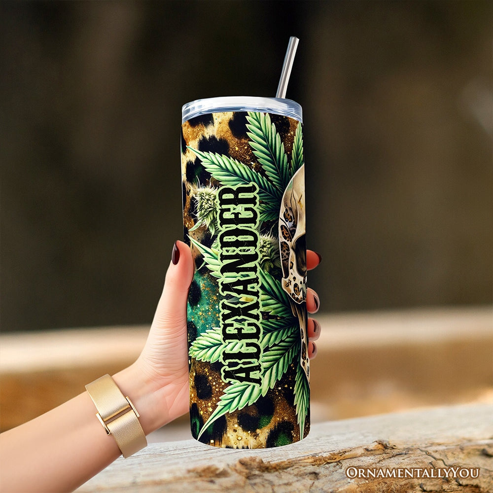 Leopard Skull Weed 20oz Personalized Tumbler With Lid and Stainless Steel Straw, Gothic Cannabis Gift Cup