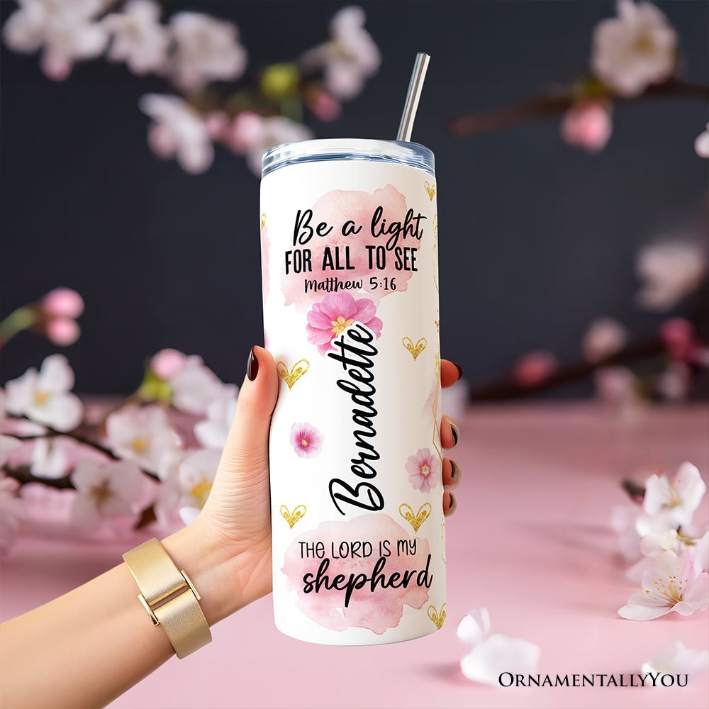 Pink Floral Bible Verses 20oz Personalized Tumbler With Lid and Stainless Steel Straw, Woman Christian Affirmation Gift Cup