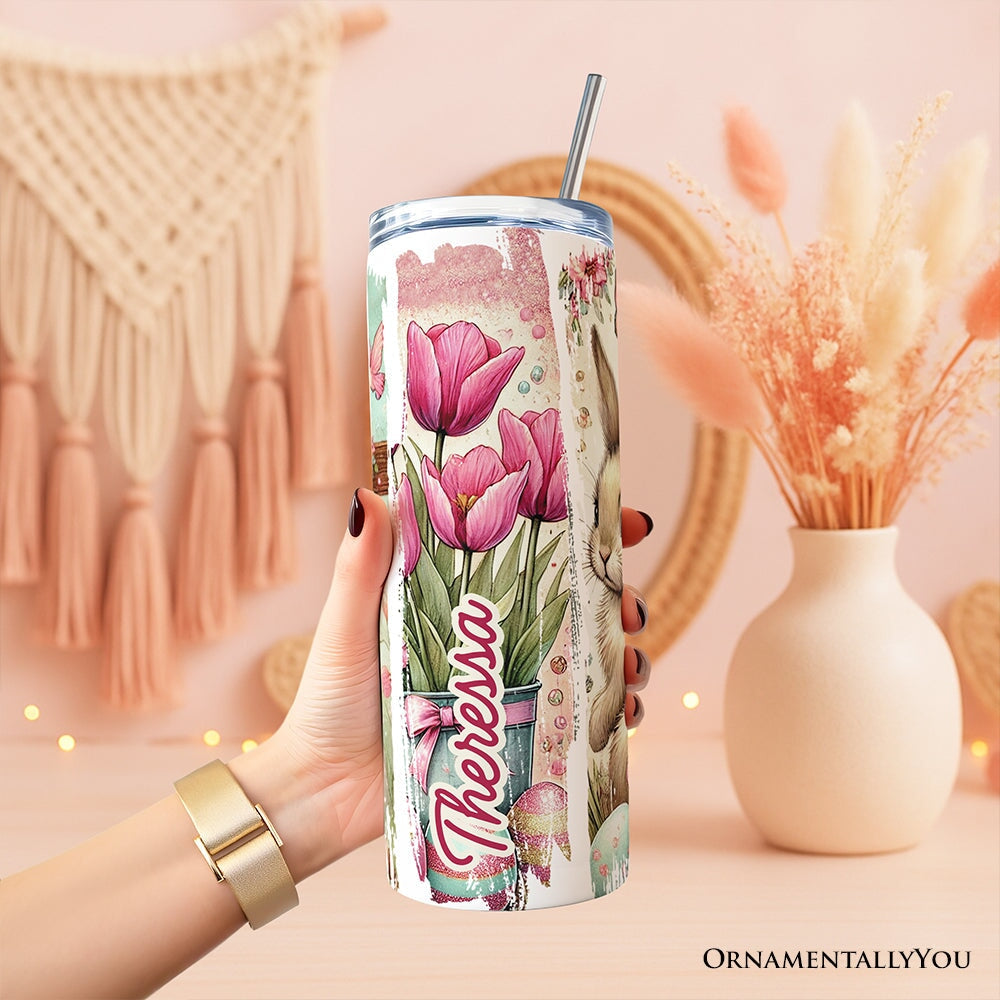 Pink Jesus and Bunny 20oz Personalized Tumbler With Lid and Stainless Steel Straw, Easter Brushstrokes Spring Gift Cup