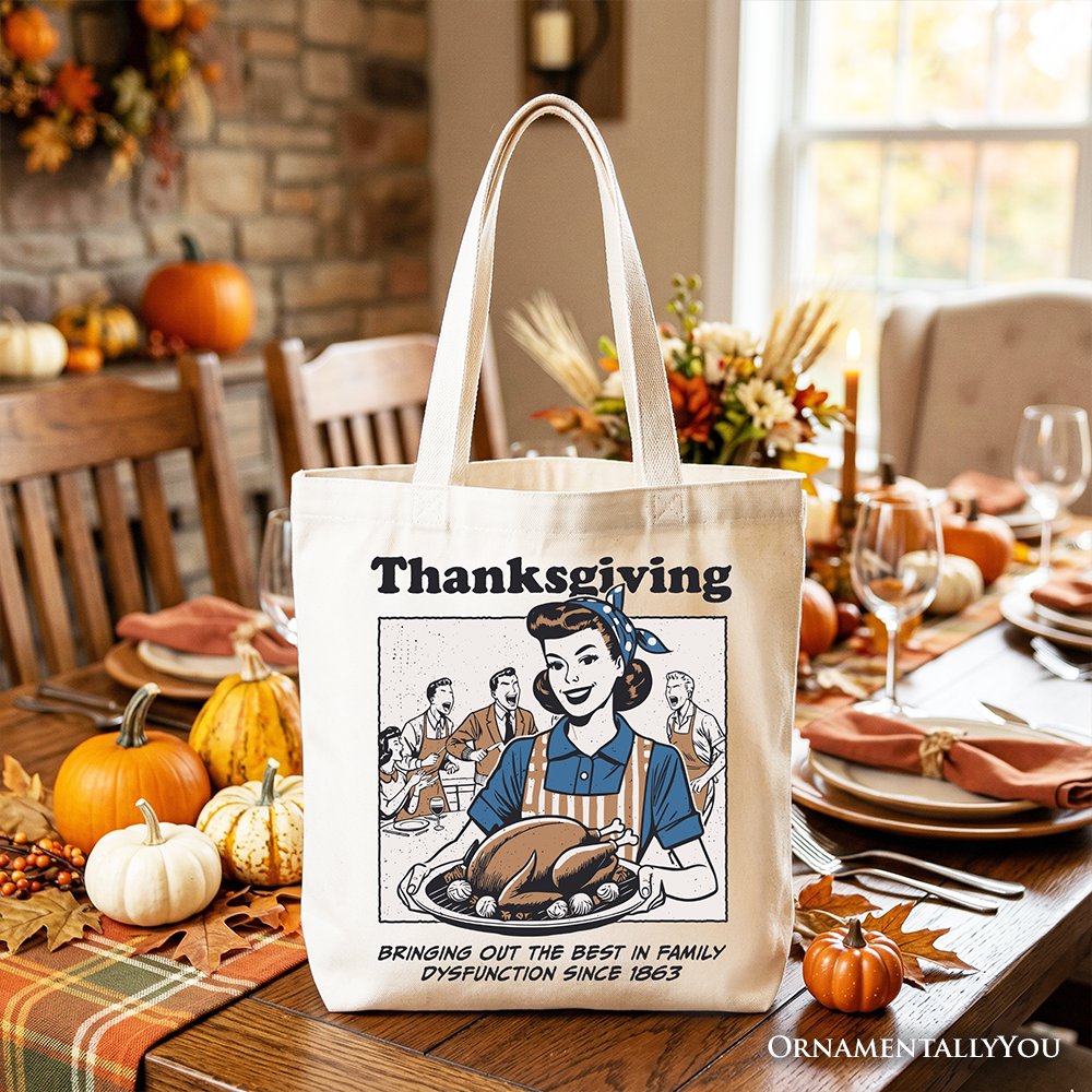 Thanksgiving Family Dysfunction Retro Tote Bag, Funny Holiday Humor Gift Shopper for Sarcastic Families