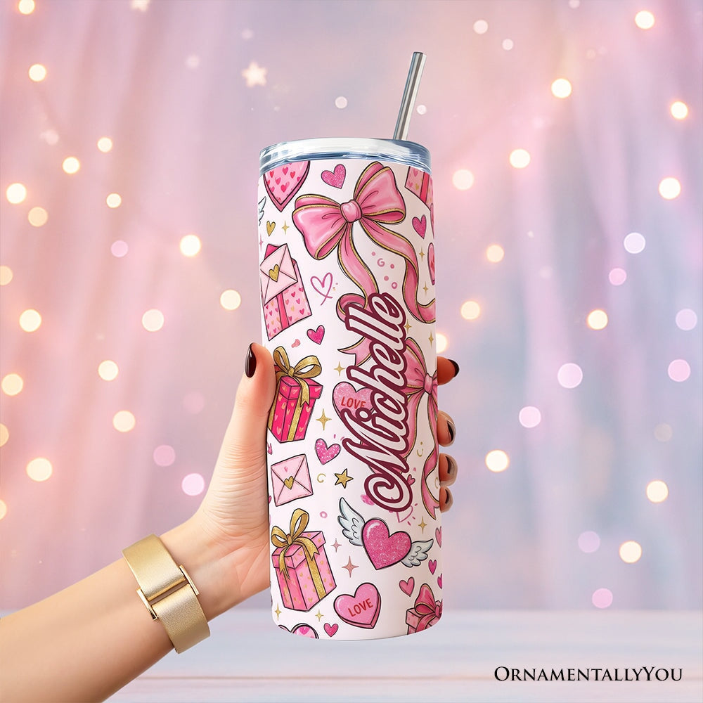 Valentine Mama Coquette Bow 20oz Personalized Tumbler With Lid and Stainless Steel Straw, Charming Pink Love Pattern Gift Cup