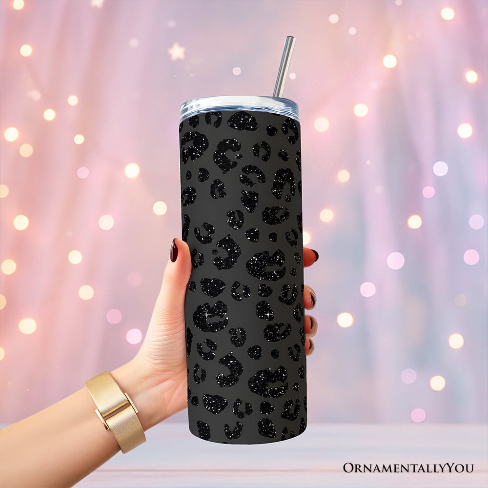 Black Glitter Leopard Print 20oz Personalized Tumbler With Lid and Stainless Steel Straw, Bold Animal Pattern Gift Cup