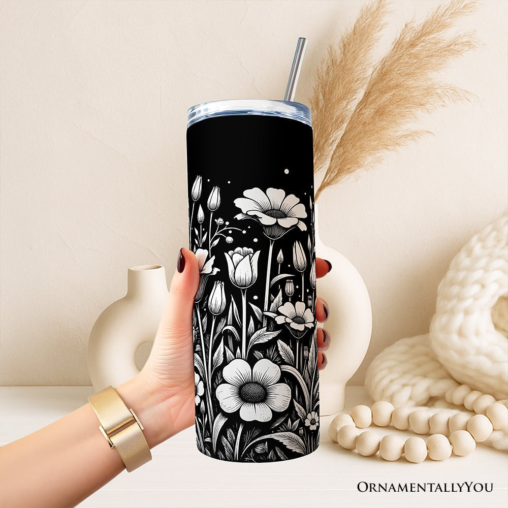 Elegant Wildflower Meadow 20oz Personalized Tumbler With Lid and Stainless Steel Straw, Minimalist Floral Gift Cup