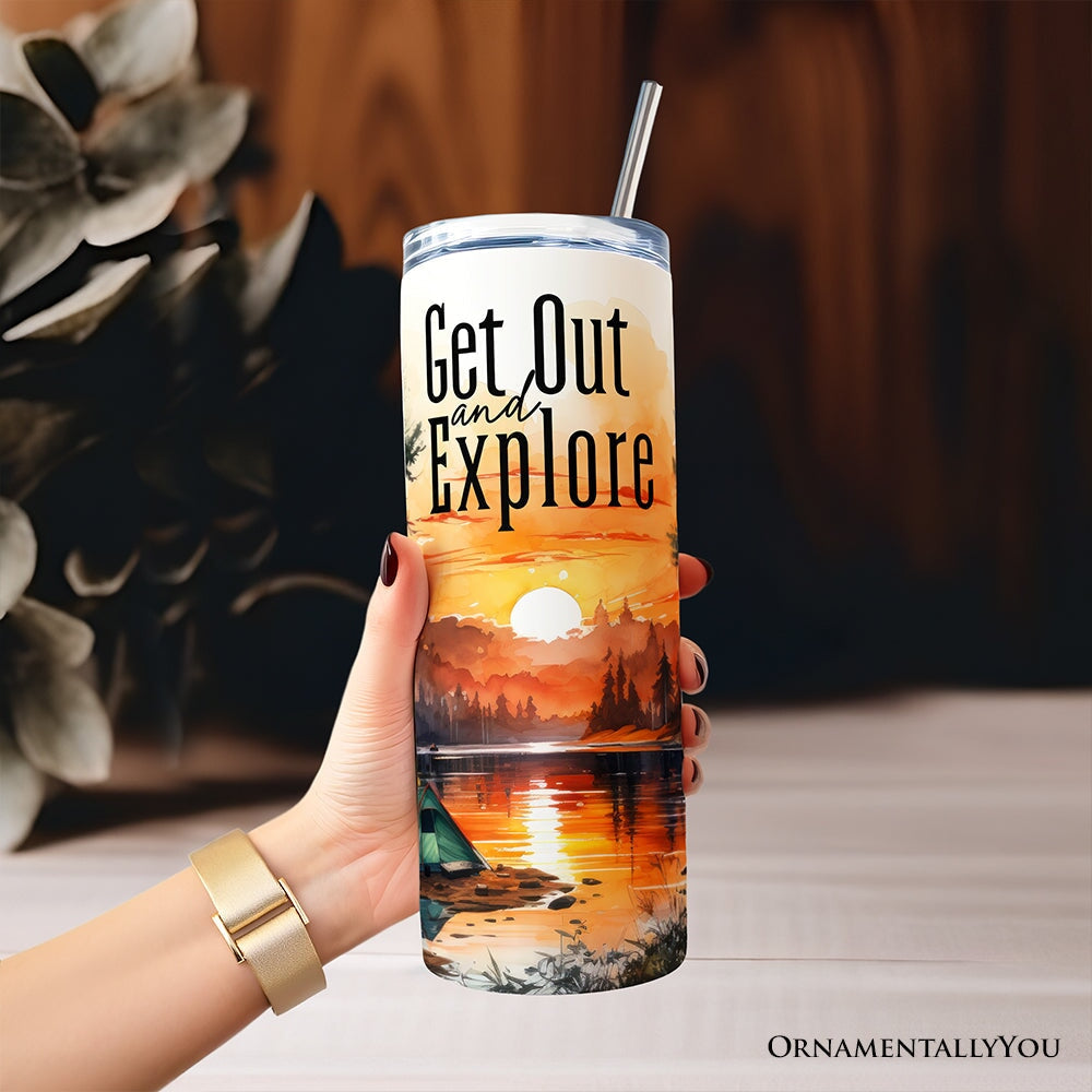 Get Out and Explore 20oz Personalized Tumbler With Lid and Stainless Steel Straw, Forest Camping Adventure Gift Cup
