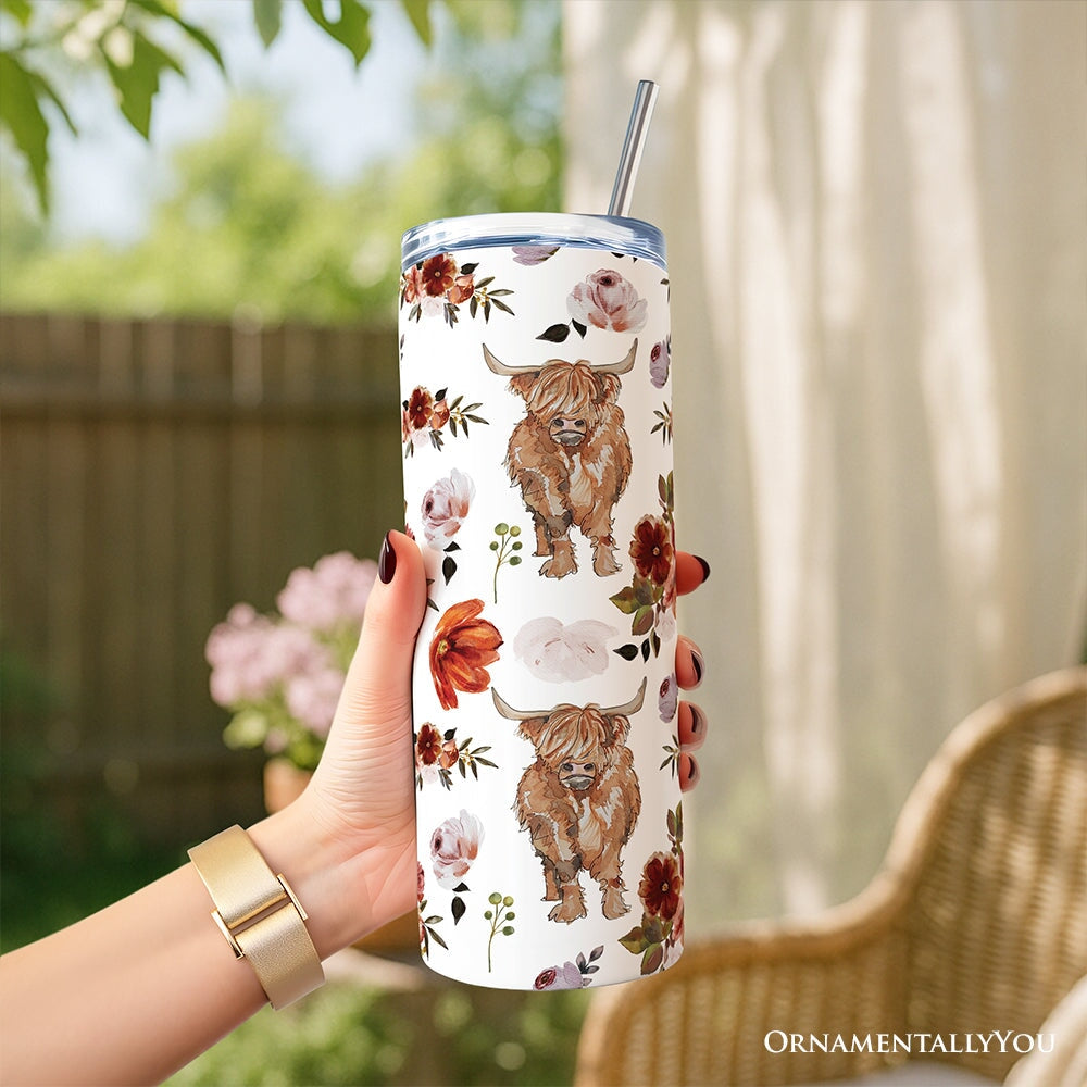 Highland Cow Floral 20oz Personalized Tumbler With Lid and Stainless Steel Straw, Chic Western Farmhouse Gift Cup
