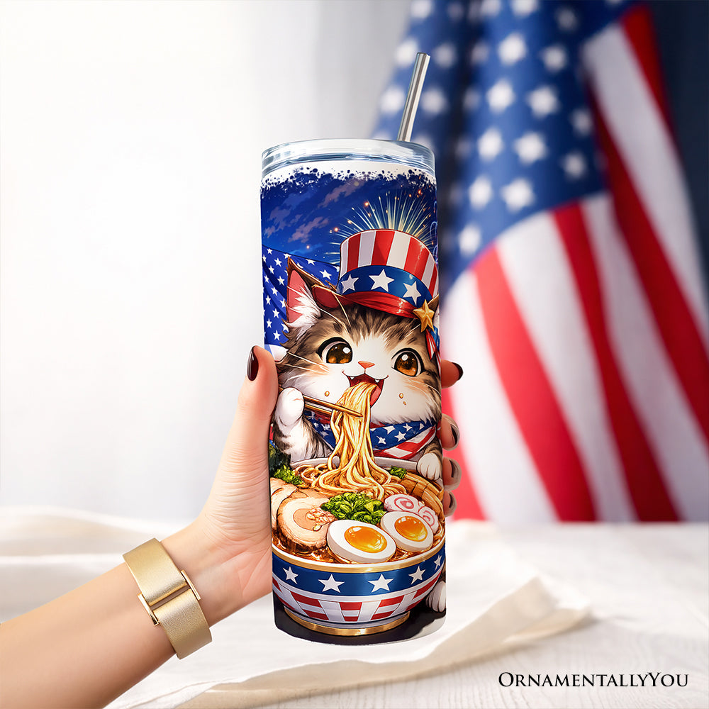 Kawaii Patriotic Ramen Maine Coon Cat 20oz Personalized Tumbler With Lid and Stainless Steel Straw, Japanese Anime Gift Cup