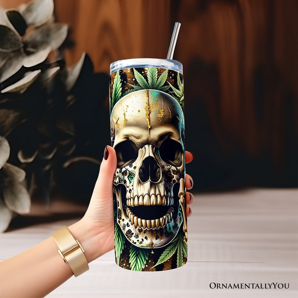 Leopard Skull Weed 20oz Personalized Tumbler With Lid and Stainless Steel Straw, Gothic Cannabis Gift Cup