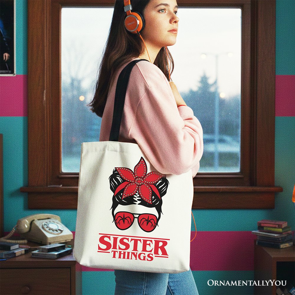 Sister Things Messy Bun Retro Canvas Tote Bag, Red Bandana Glasses Family Matching Gift Shopper