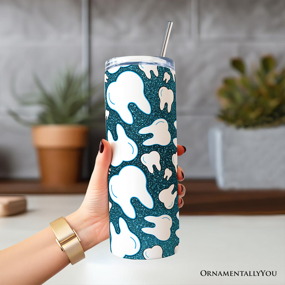 Sparkly Blue Tooth Pattern 20oz Personalized Tumbler With Lid and Stainless Steel Straw, Dental Hygienist Gift Cup