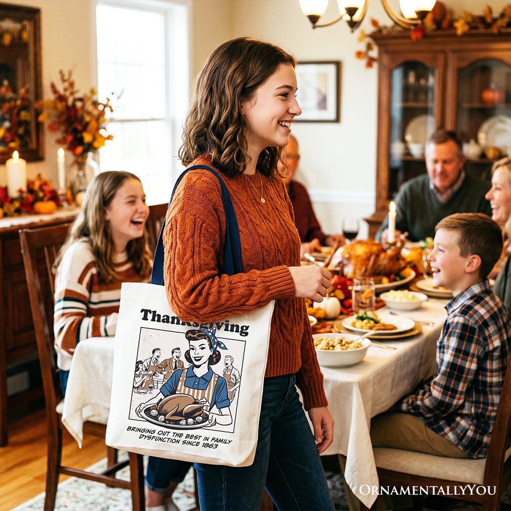 Thanksgiving Family Dysfunction Retro Tote Bag, Funny Holiday Humor Gift Shopper for Sarcastic Families