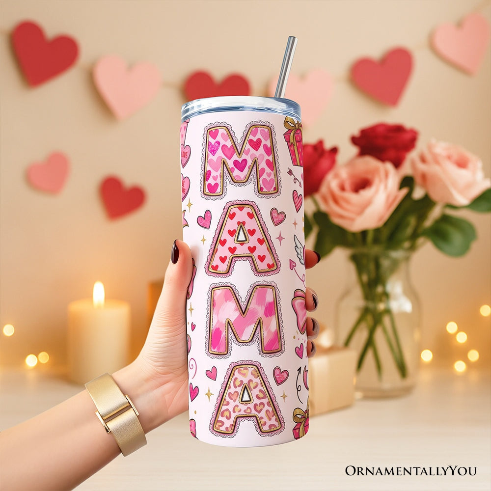 Valentine Mama Coquette Bow 20oz Personalized Tumbler With Lid and Stainless Steel Straw, Charming Pink Love Pattern Gift Cup