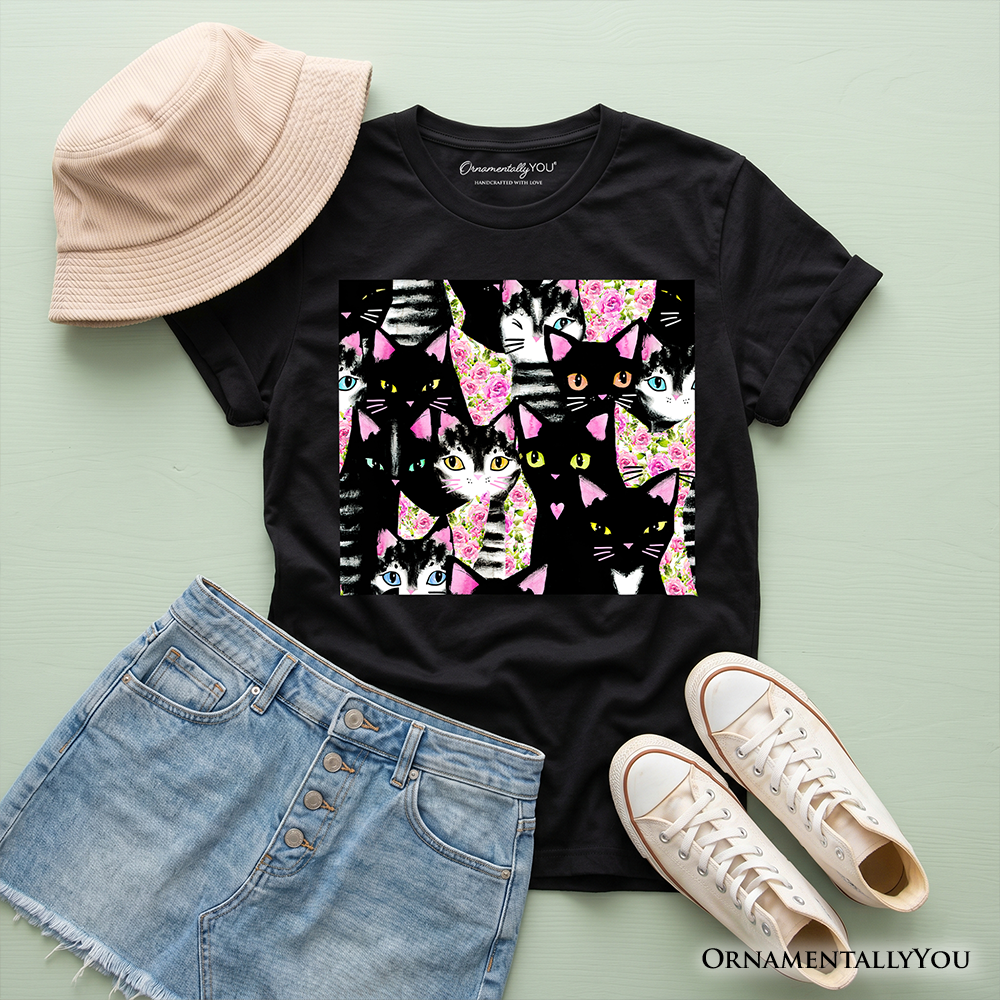 Floral Cat Pattern Kids T-Shirt, Cute Kitten Collage Tee for Youth Girls