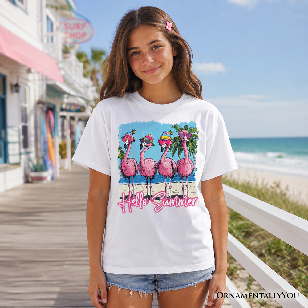 Kids Flamingo Hello Summer T-Shirt, Tropical Beach Vacation Youth Tee
