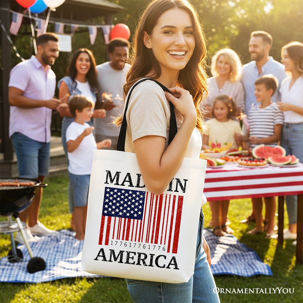 Made In America Bar Code Flag Tote Bag, Patriotic 1776 USA 250th Anniversary Gift Shopper