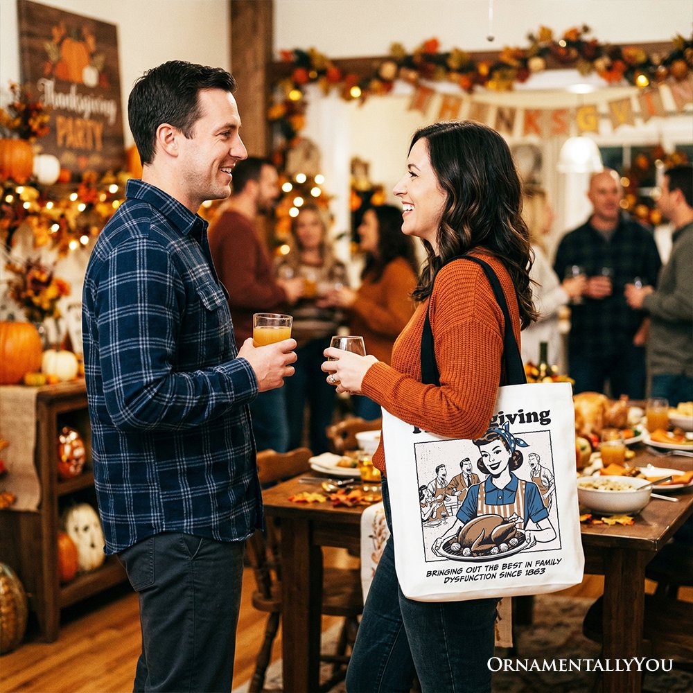 Thanksgiving Family Dysfunction Retro Tote Bag, Funny Holiday Humor Gift Shopper for Sarcastic Families