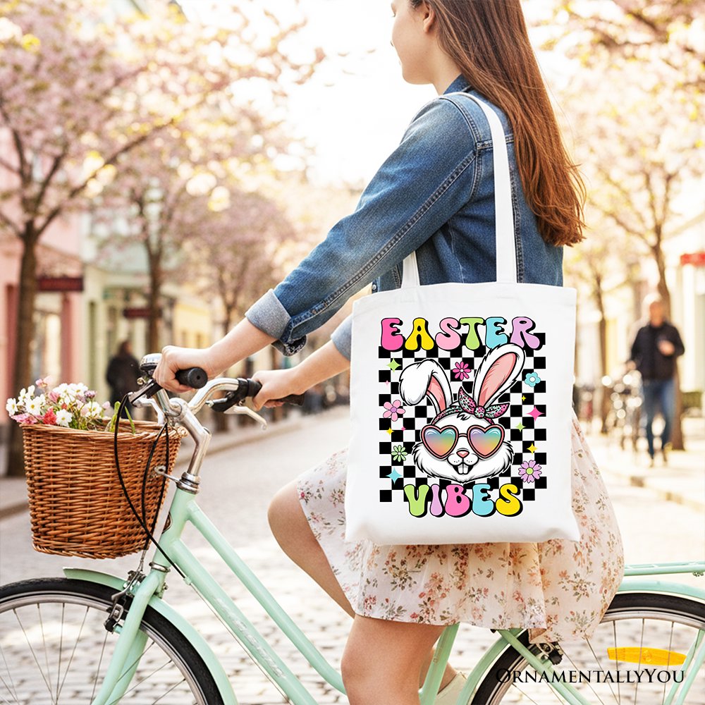 Retro Easter Bunny Sunglasses Tote Bag, Groovy Checkered Gift Shopper