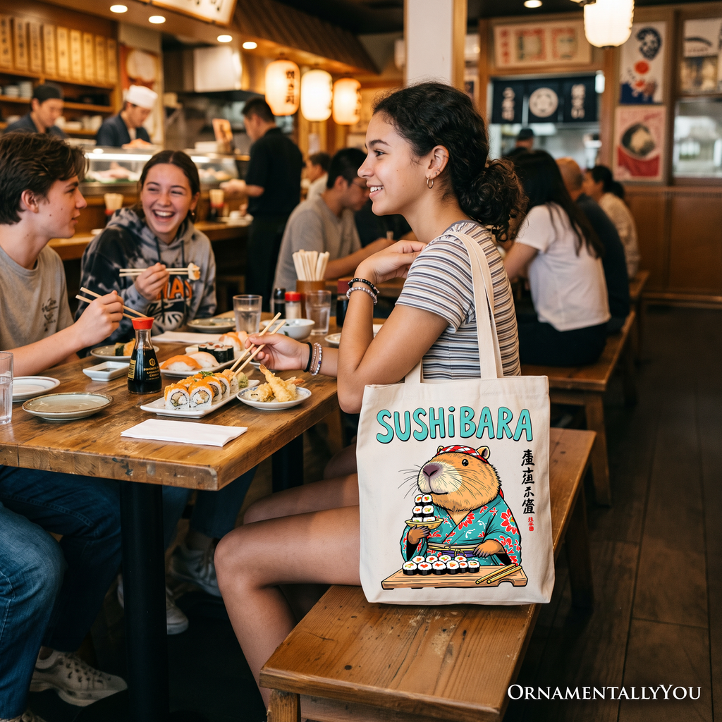 Sushibara Capybara Tote Bag, Funny Sushi Animal Gift Shopper